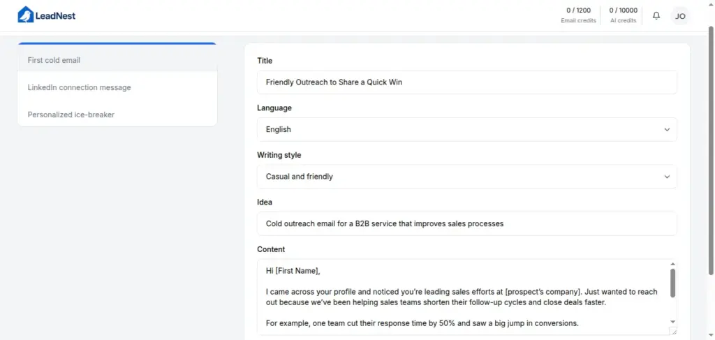 AI Copy Assistance In LeadNest LinkedIn Lead Generation Tool