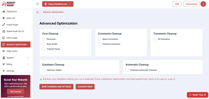 Website Speedy Advanced Optmization Interface, WP speed optimizer