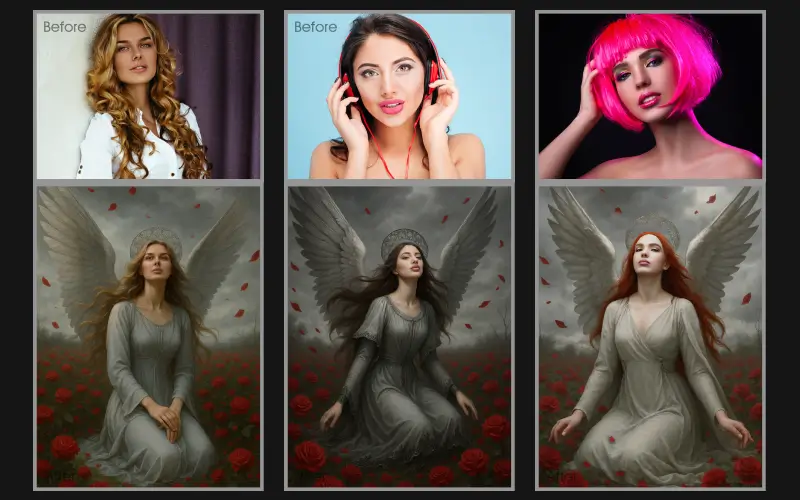 Angel Photo Effect applied to a collage of images of a woman.