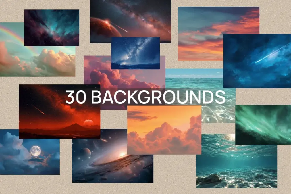 Collage of 30 vibrant backgrounds including celestial skies, underwater scenes, colorful cloudscapes, and dramatic landscapes with meteor streaks