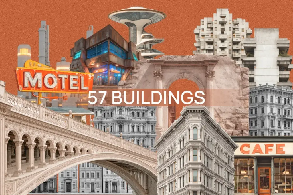 Eclectic collage of 57 architectural structures from modern towers to classical facades