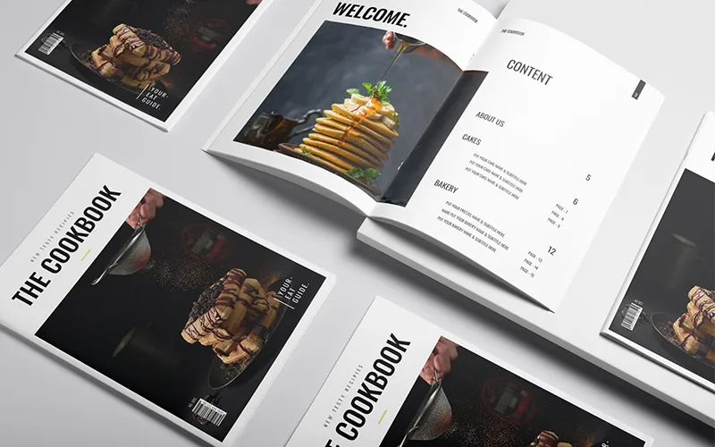 Brochure pages with cakes, pretzels, and croissants.