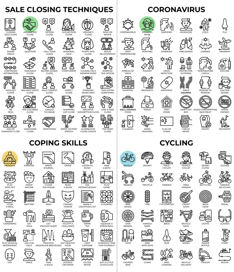 Collage of Sale Closing Technique Line Icons, Coping Skill Line Icons, Coronavirus Line Icons, Cycling Line Icons