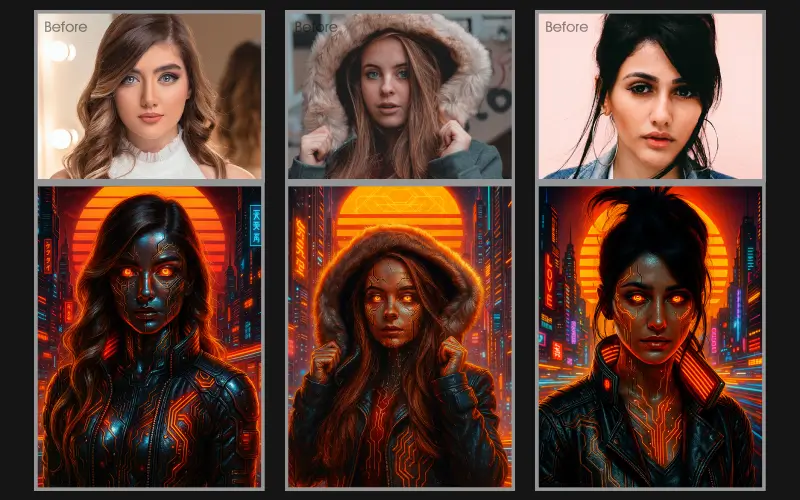 Blazing Photo Effect applied to a collage of images of a woman.