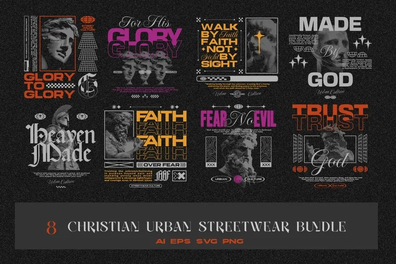 Collage of 8 Christian Urban Streetwear T-shirt Designs