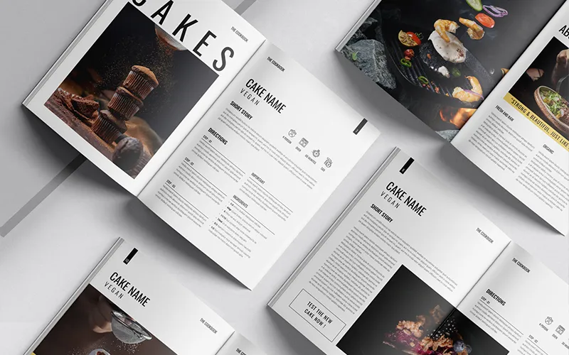 Cookbook pages with cake instructions and icons.