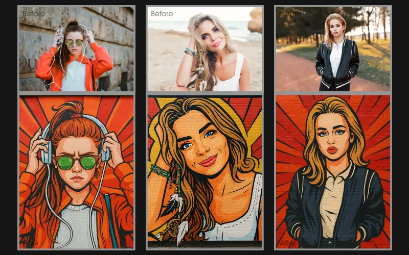 Cartoon Photo Effect applied to a collage of images of a woman.