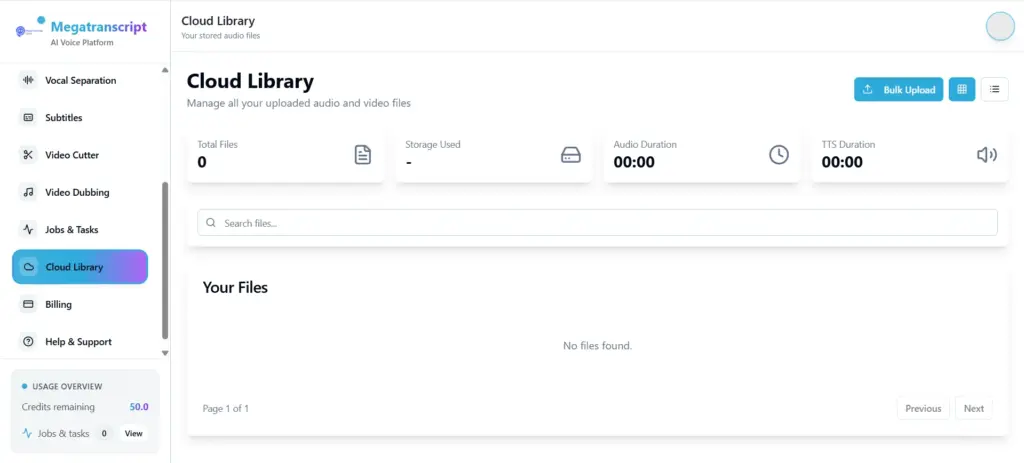 Cloud Library With Megatranscript AI TTS & Voice Cloning Tool