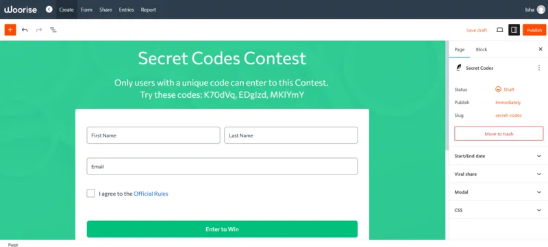Codes Contest Giveaway Template, Lead Generation Platform