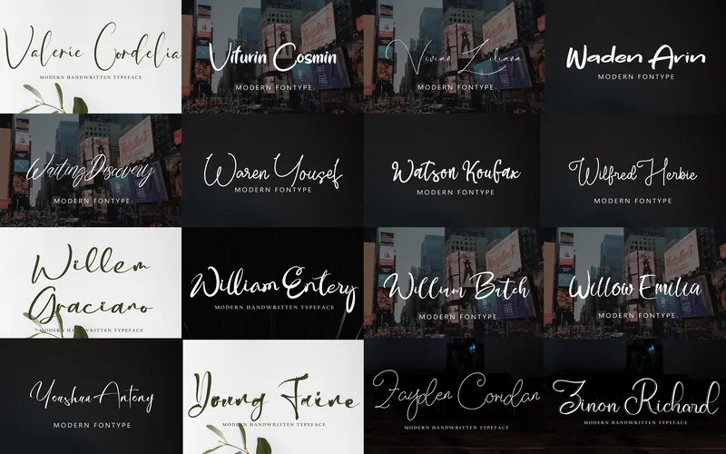 Collage of signature fonts included in the bundle