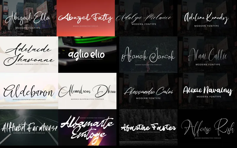 Collage of signature fonts included in the bundle