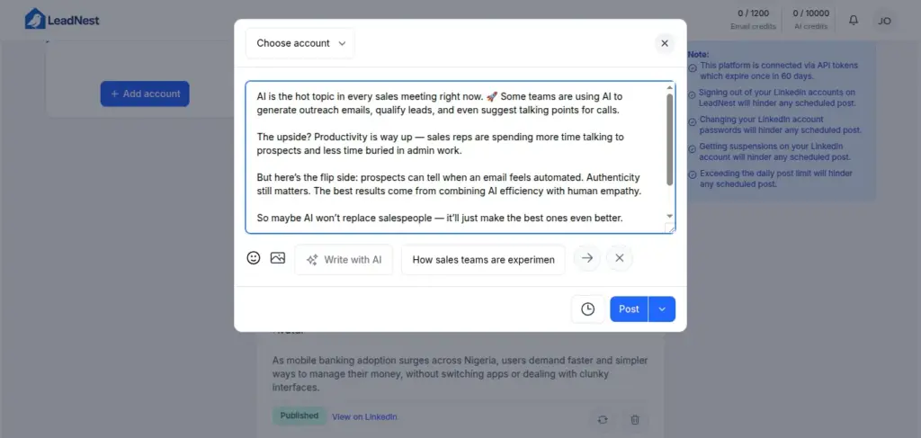 LeadNest's Content Share Option In LinkedIn