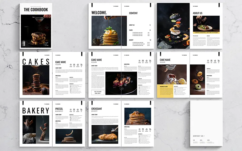 Cookbook with welcome, cakes, bakery, and format icons.