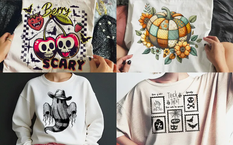 Four shirts: A 'Berry Scary' cherry skull shirt, a patchwork pumpkin shirt, a cowboy ghost sweatshirt, and a 'Trick or Treat' stamp graphic shirt.