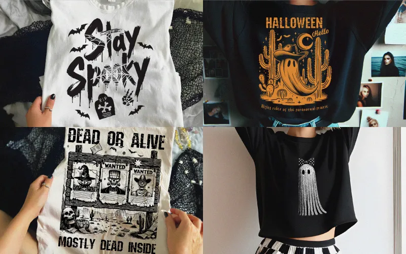 Four shirts: A 'Stay Spooky' text shirt, a cowboy ghost in a desert, a 'Dead or Alive Mostly Dead Inside' wanted poster shirt, and a black cropped sweatshirt with a sequin ghost.