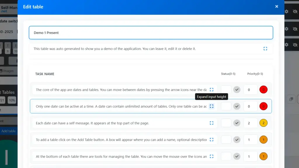 Edit Table Feature of Self manager.net
