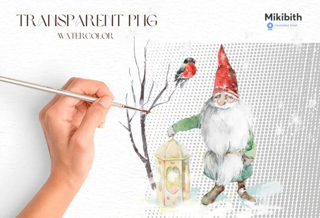 A hand holds a paintbrush to a watercolor illustration of a gnome holding a lantern in a snowy scene.