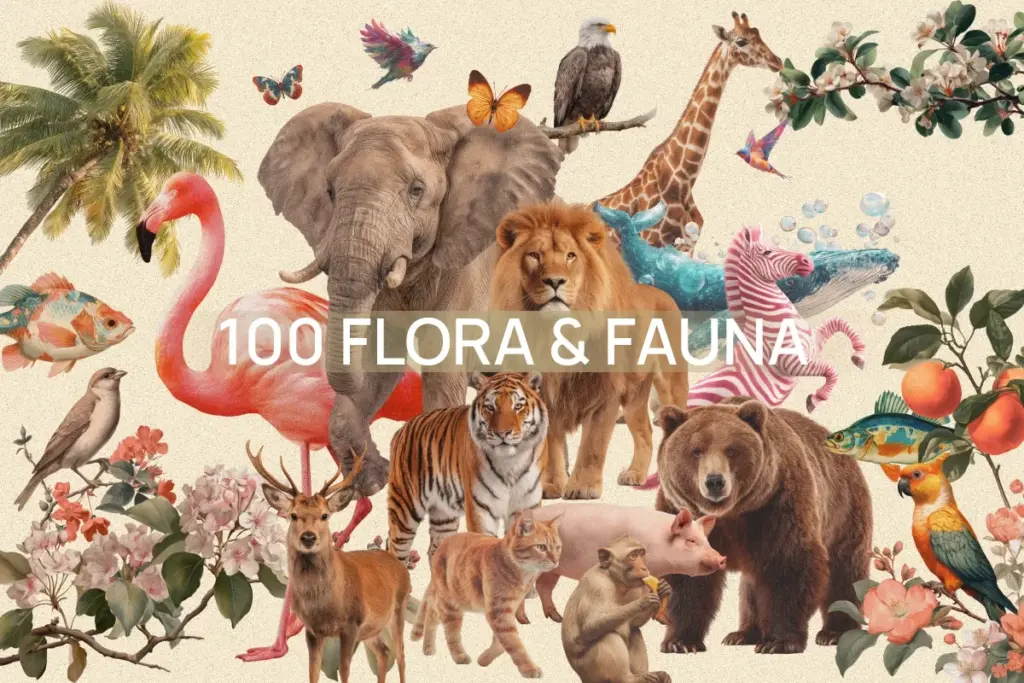 Diverse collage of 100 animals and plants including elephants, flamingos, butterflies, whales, and palm trees on a neutral background.