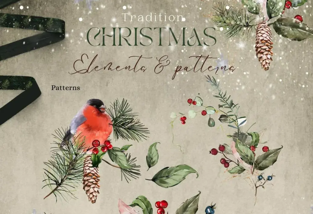 This image shows a collection of Christmas elements, including a bullfinch bird, pine cones, and various arrangements.
