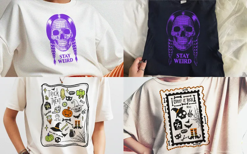 Four shirts: Two 'Stay Weird' braided skull shirts (Wednesday Addams style), a colorful 'Trick or Treat' graphic tee, and an 'I Creep It Real' stamp graphic tee.
