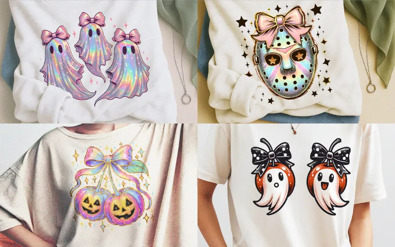 Four shirts: A white sweatshirt with three holographic ghosts, a sweatshirt with a holographic mask and bow, a shirt with a holographic bow and pumpkin cherries, and a shirt with two cute ghosts with bows.