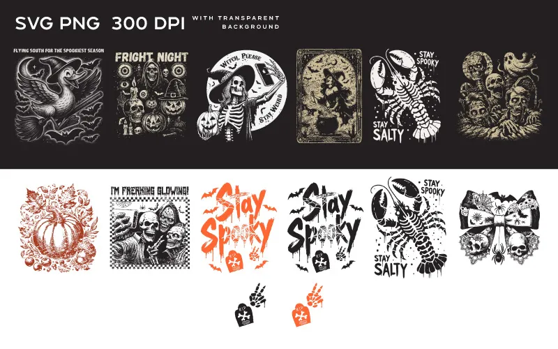 A grid of black and orange vector graphics. Designs include a duck on a broom, 'Fright Night' faces, a skeleton witch, a witch over a cauldron, a skeleton lobster, zombie heads, a pumpkin, and 'Stay Spooky' text.