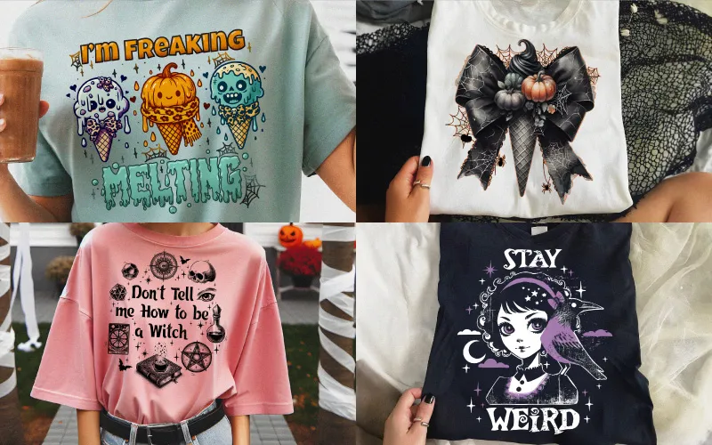 Four shirts: 'I'm Freaking Melting' ice cream cones, a large black bow design, a 'Don't Tell me How to be a Witch' shirt, and a 'Stay Weird' girl shirt.
