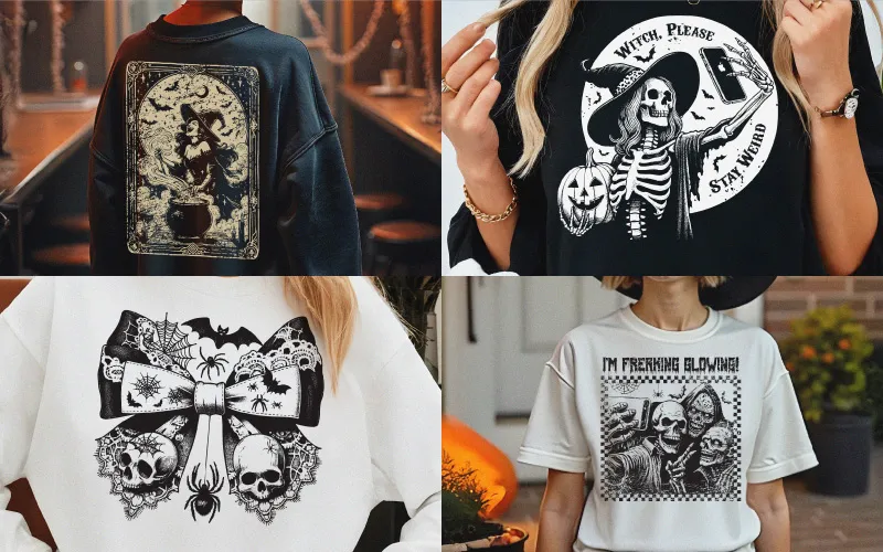 Four shirts: A vintage-style witch on the back of a sweatshirt, a 'Witch, Please Stay Weird' skeleton shirt, a bow with skulls sweatshirt, and an 'I'm Freaking Glowing!' zombie shirt.