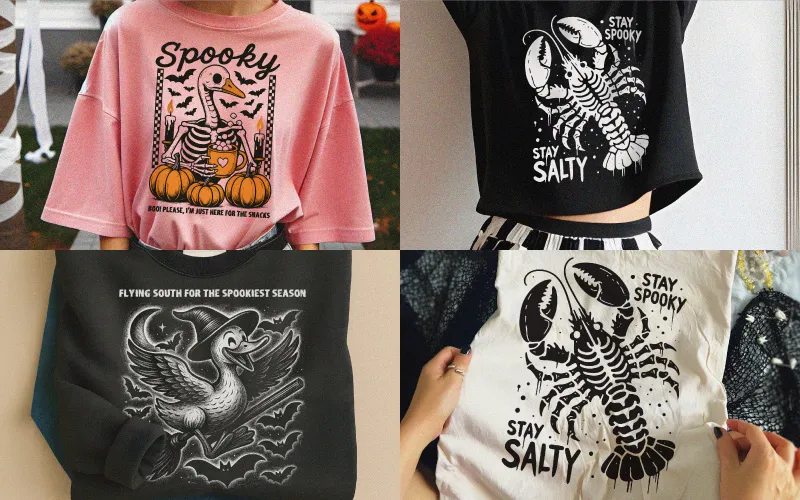 Four shirts: A 'Spooky' skeleton duck shirt, two 'Stay Spooky Stay Salty' lobster shirts, and a 'Flying South' duck sweatshirt.