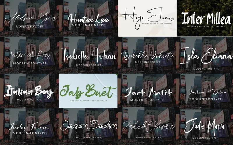 Collection of handwritten signature fonts included in the bundle