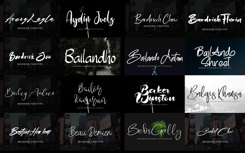 Collage of classic handwritten fonts included in the bundle