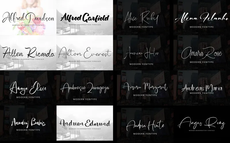 Collage of handwritten signature fonts included in the bundle