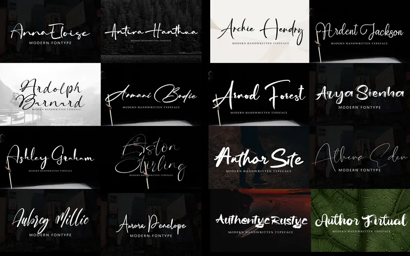 Collage of classic signature fonts included in the bundle