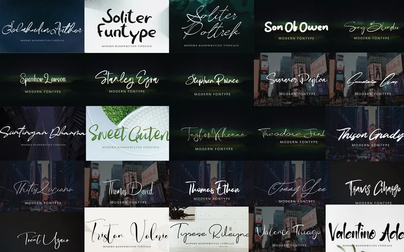 Collage of handwritten signature fonts included in the bundle