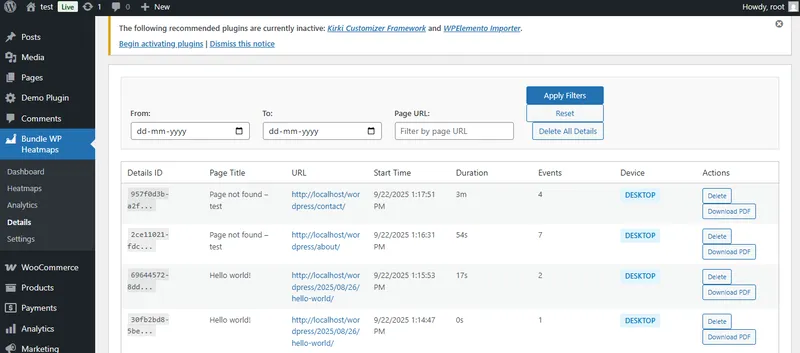 Heatmap Details Interface,Wordpress analytics Plugin