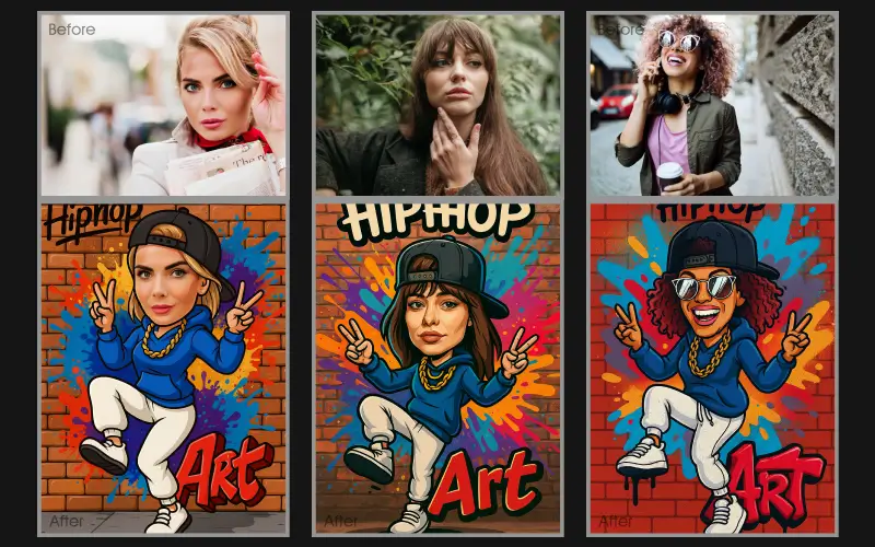 Hip Hop Photo Effect applied to a collage of images of a woman.