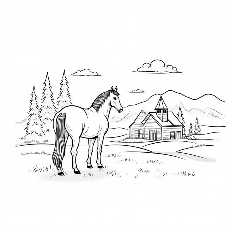 A line drawing of a horse in a grassy landscape facing towards a cabn