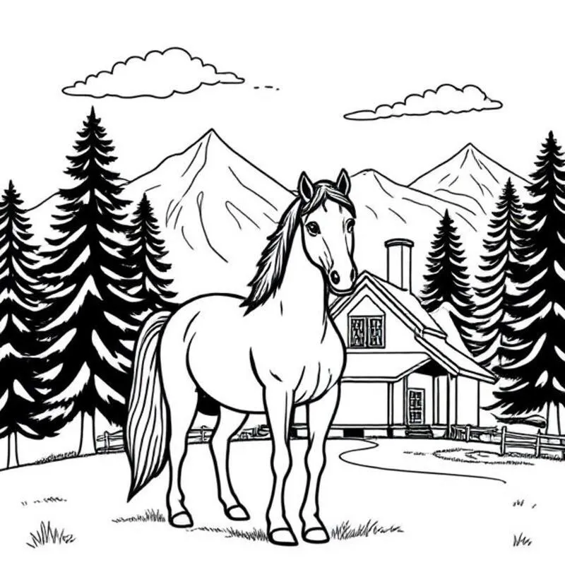 Horse line illustration in front of a farmhouse with pine trees and mountains behind.