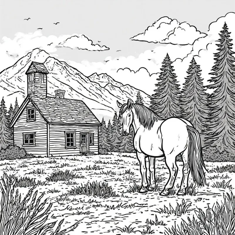 Black-and-white horse-themed art with a rustic cabin with pine trees, grass, and mountains.