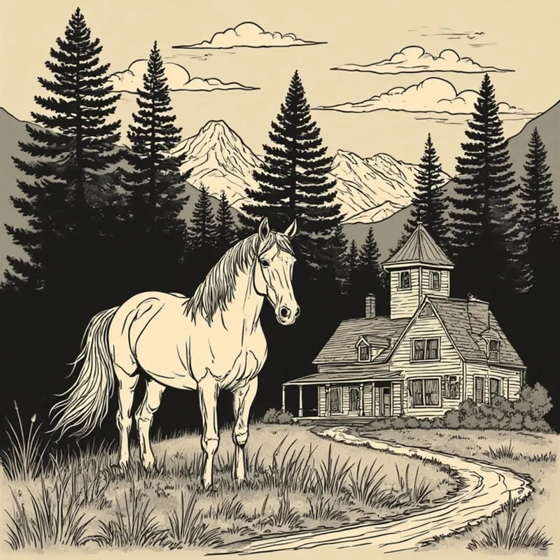 Vintage-style line drawing of a horse in front of a wooden cabin with pine trees and mountain scenery