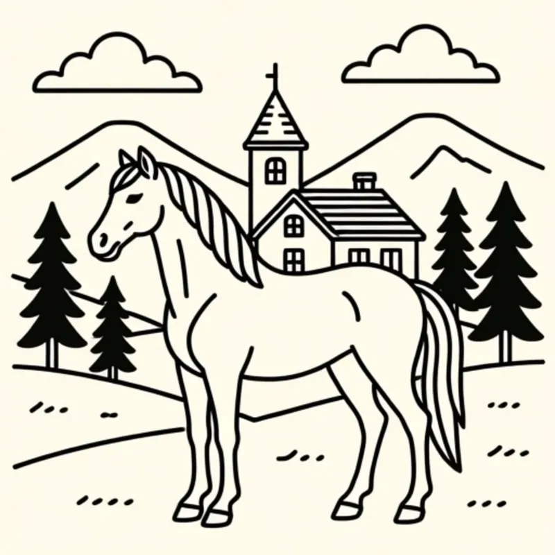 Line art of a horse standing near a church with pine trees and mountains in the background