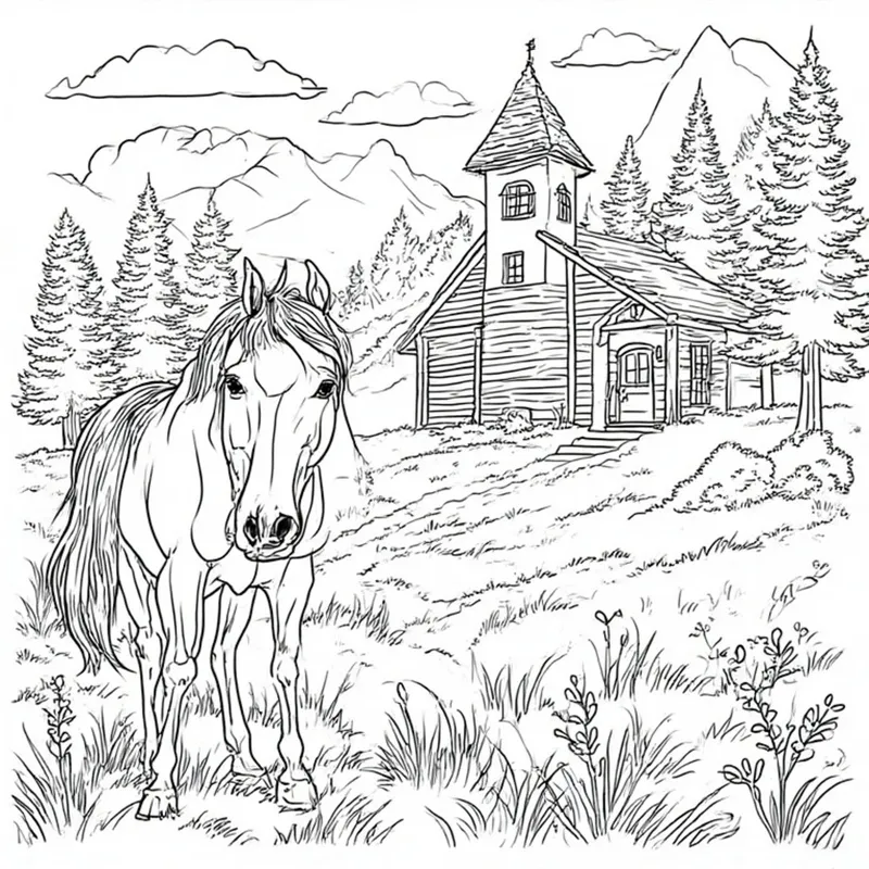 A hand drawn horse in a grassland staring forward