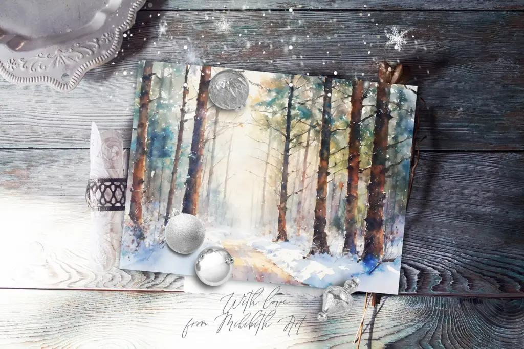 A flat lay shows a watercolor card mockup of a red car with a Christmas tree on its roof.