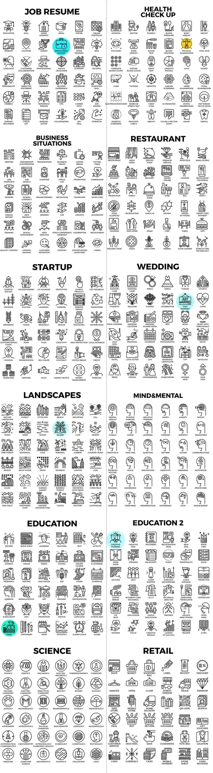 Collage of Modern Line Icons With Categories Included