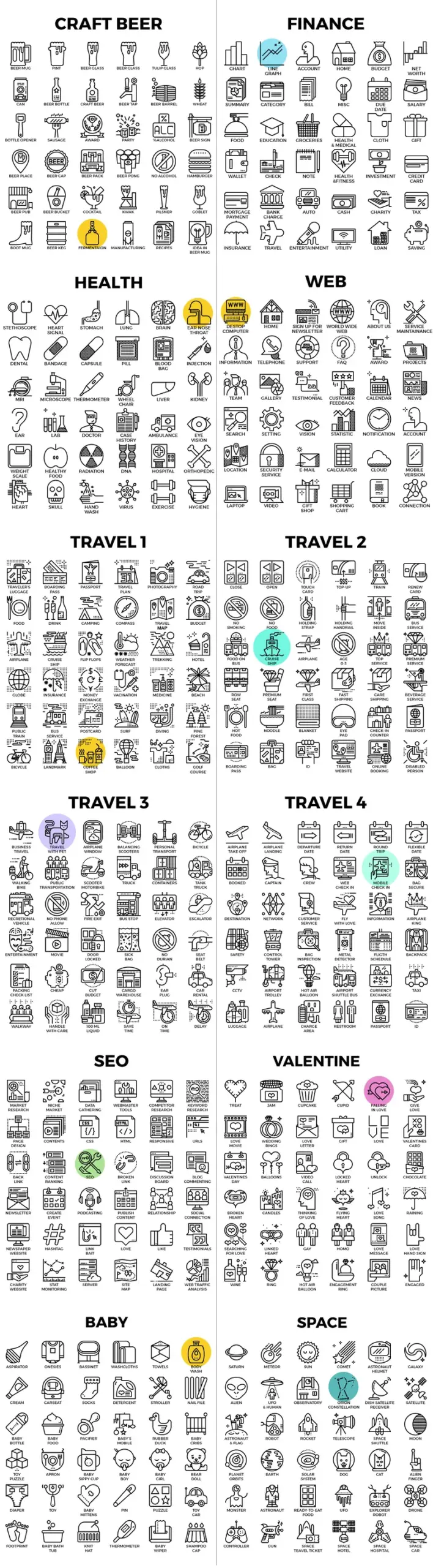 Collage of Modern Line Icons With Categories Included