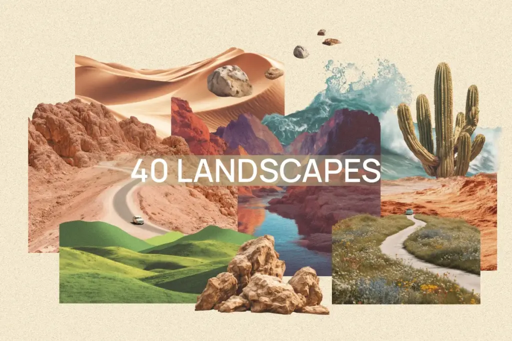 Collage of 40 natural landscapes featuring deserts, snowy mountains, wildflower fields, rivers, and winding roads