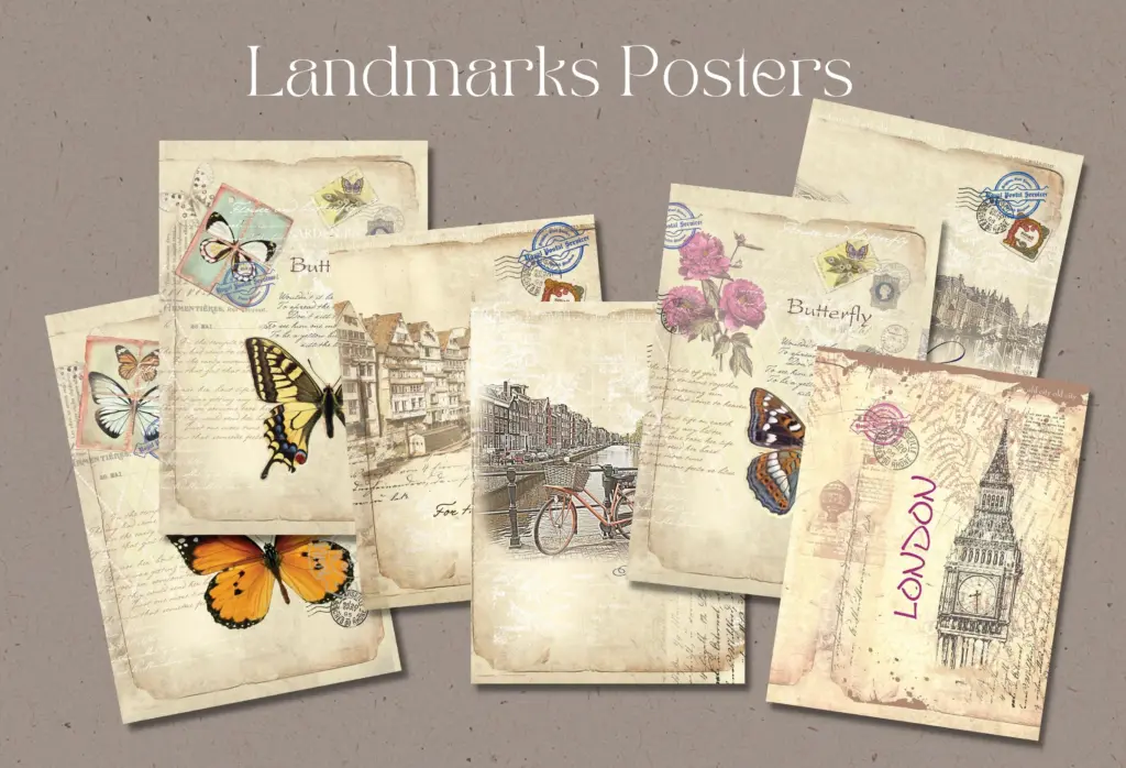 Four different posters featuring line-art illustrations of famous landmarks on colorful backgrounds.