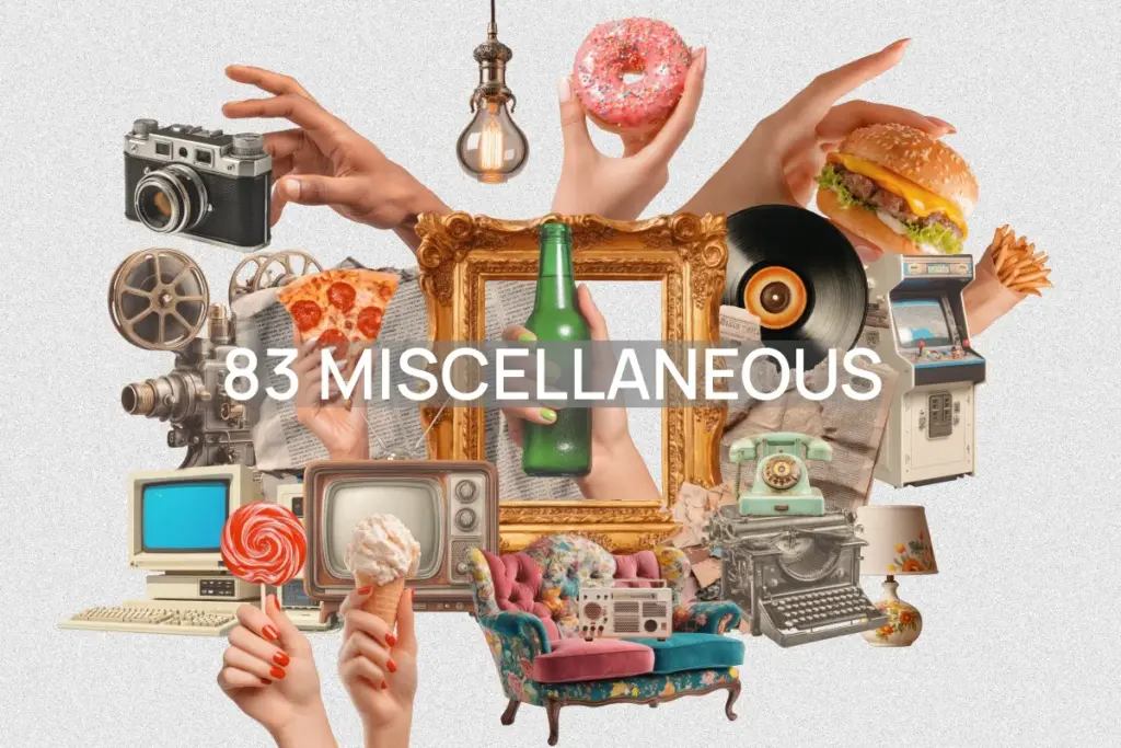 Whimsical collage of 83 vintage and modern objects including a donut, typewriter, arcade machine, and golden frame with green bottle