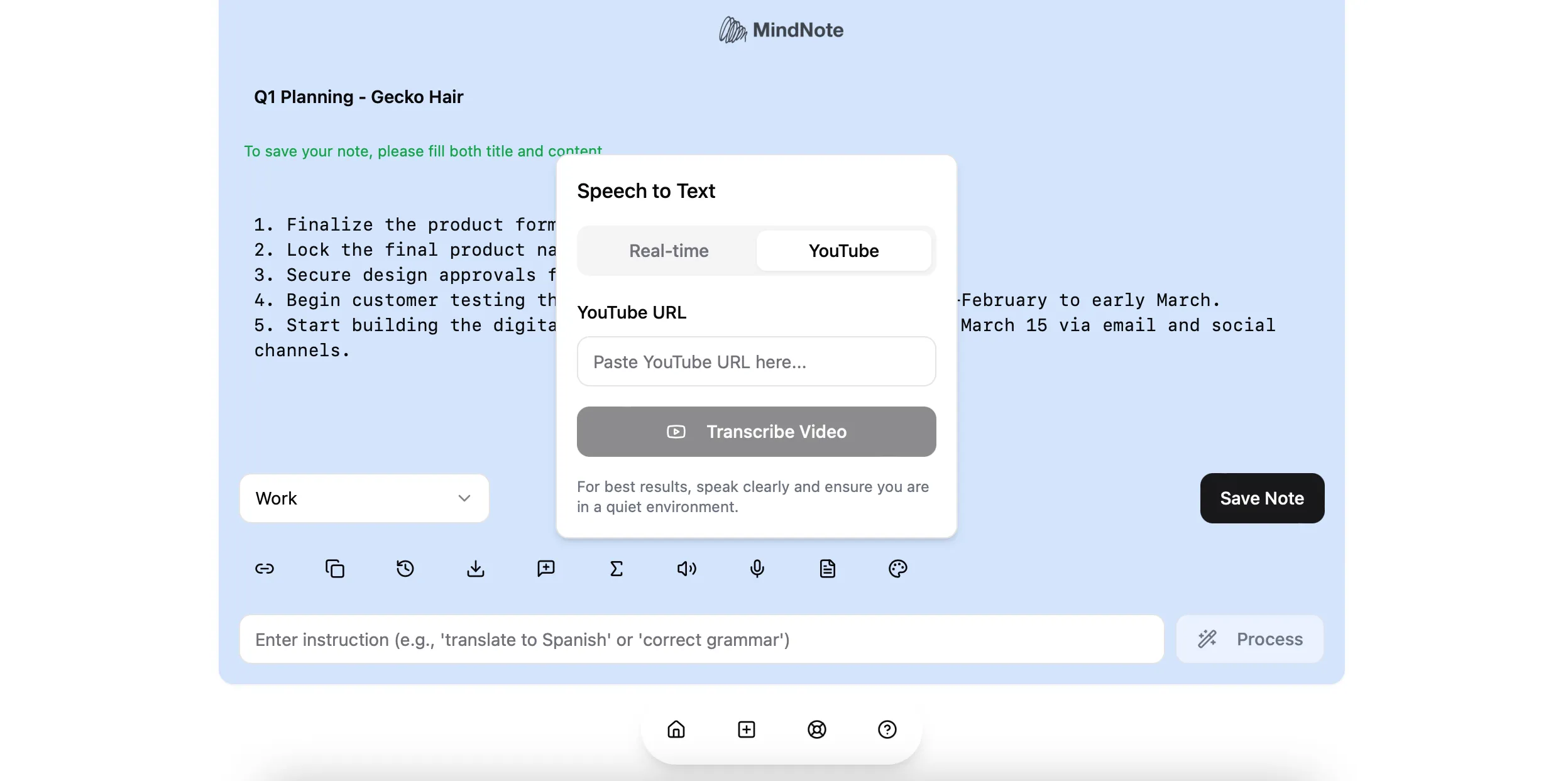 Video transcription option in MindNote AI Note Taker App