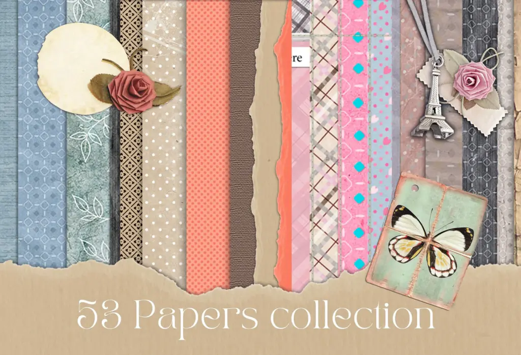 A collection of different vintage paper textures with worn edges and aged colors.